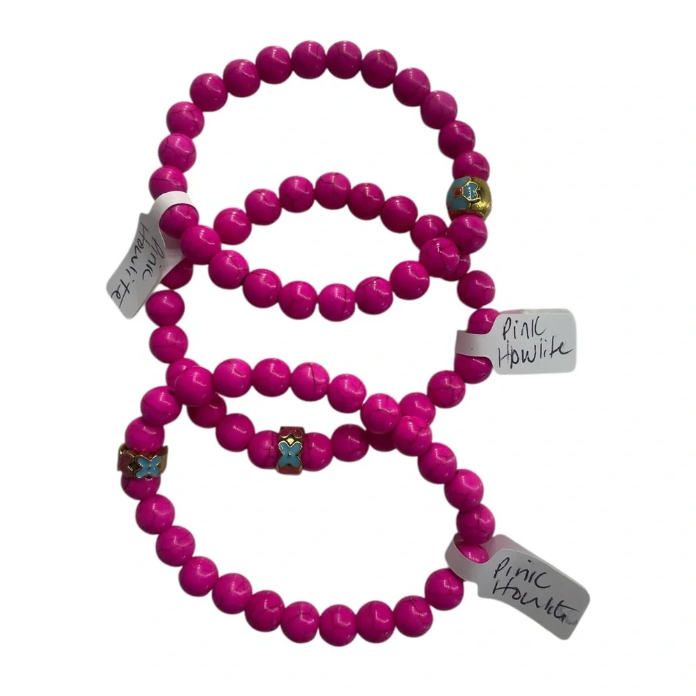 Pink Howlite gemstone bracelet, gold flower center,stretch - Picture 6 of 7